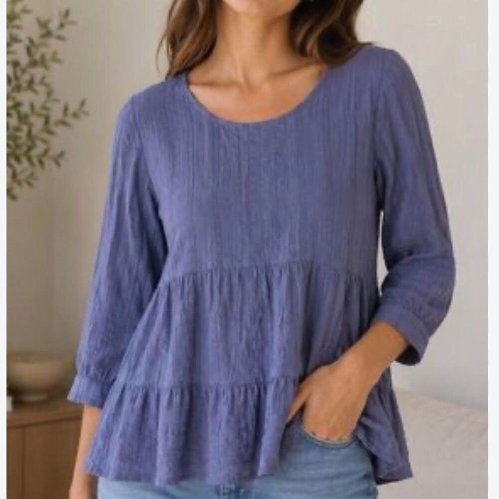 J Jill Top Womens Medium Cotton Tiered Textured 3/4 Sleeve Blouse Blue Jasmine
